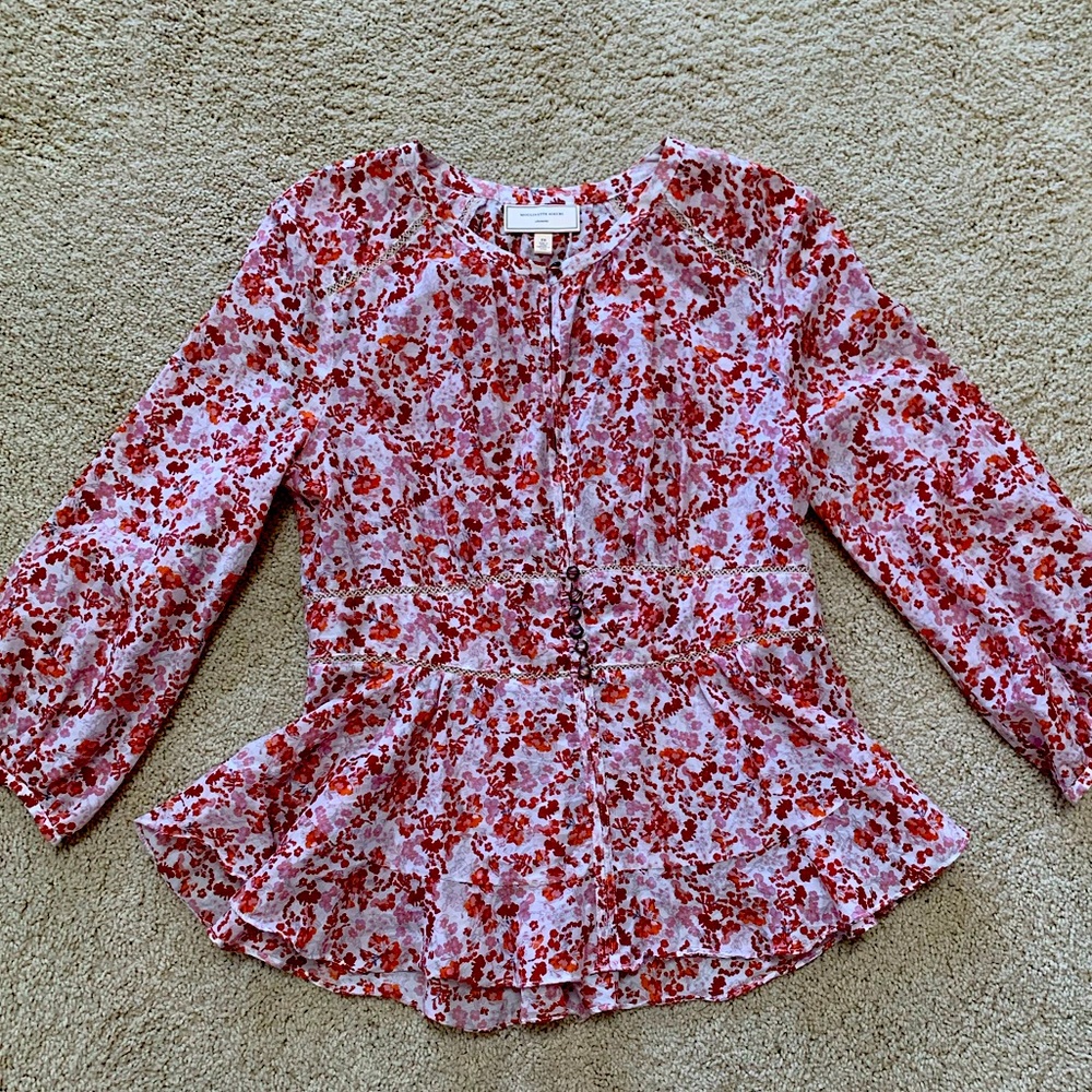Moulinette Soeurs (Anthropologie) white and red floral, size 10 top
